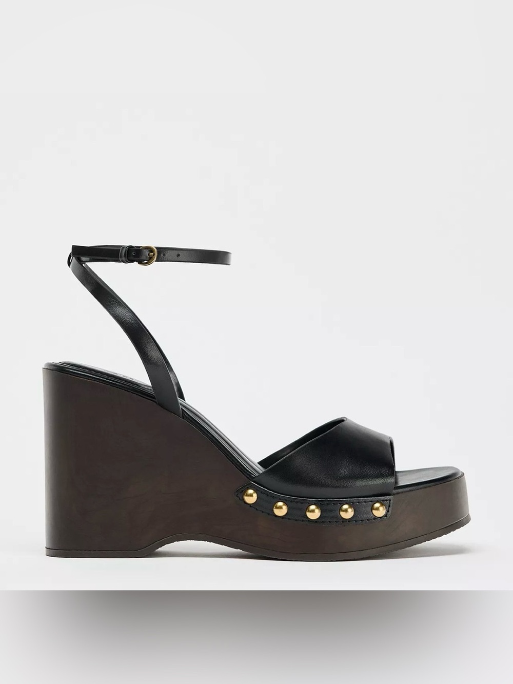 NWT! Zara Black Studded Wedge Sandal with Ankle Strap, size 7.5